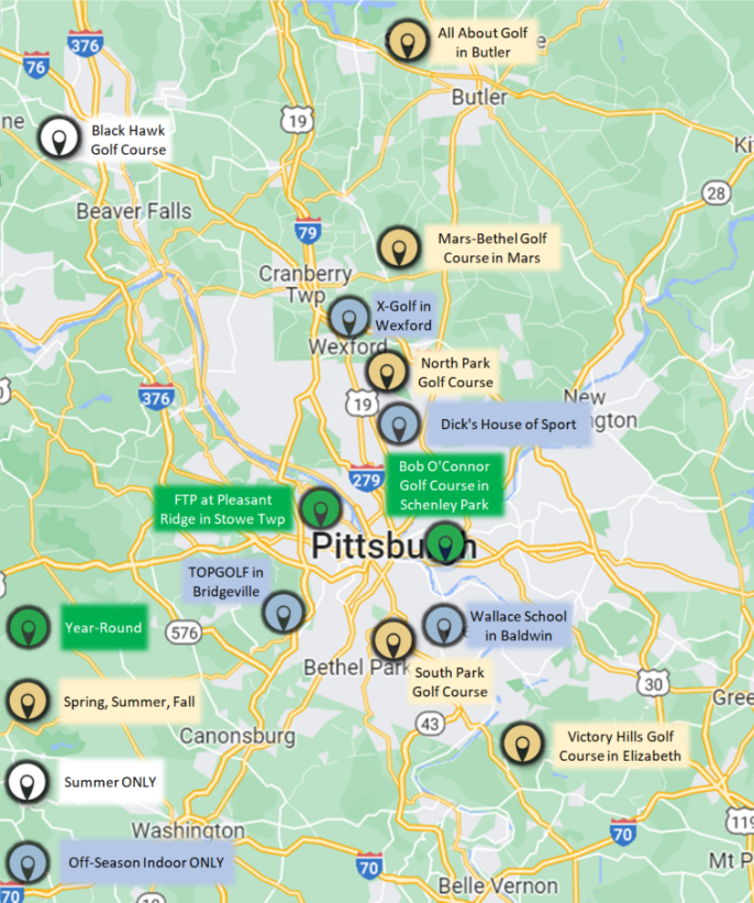 map of all first tee pittsburgh locations in western pa